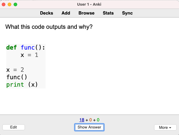 Screenshot of Anki flash card